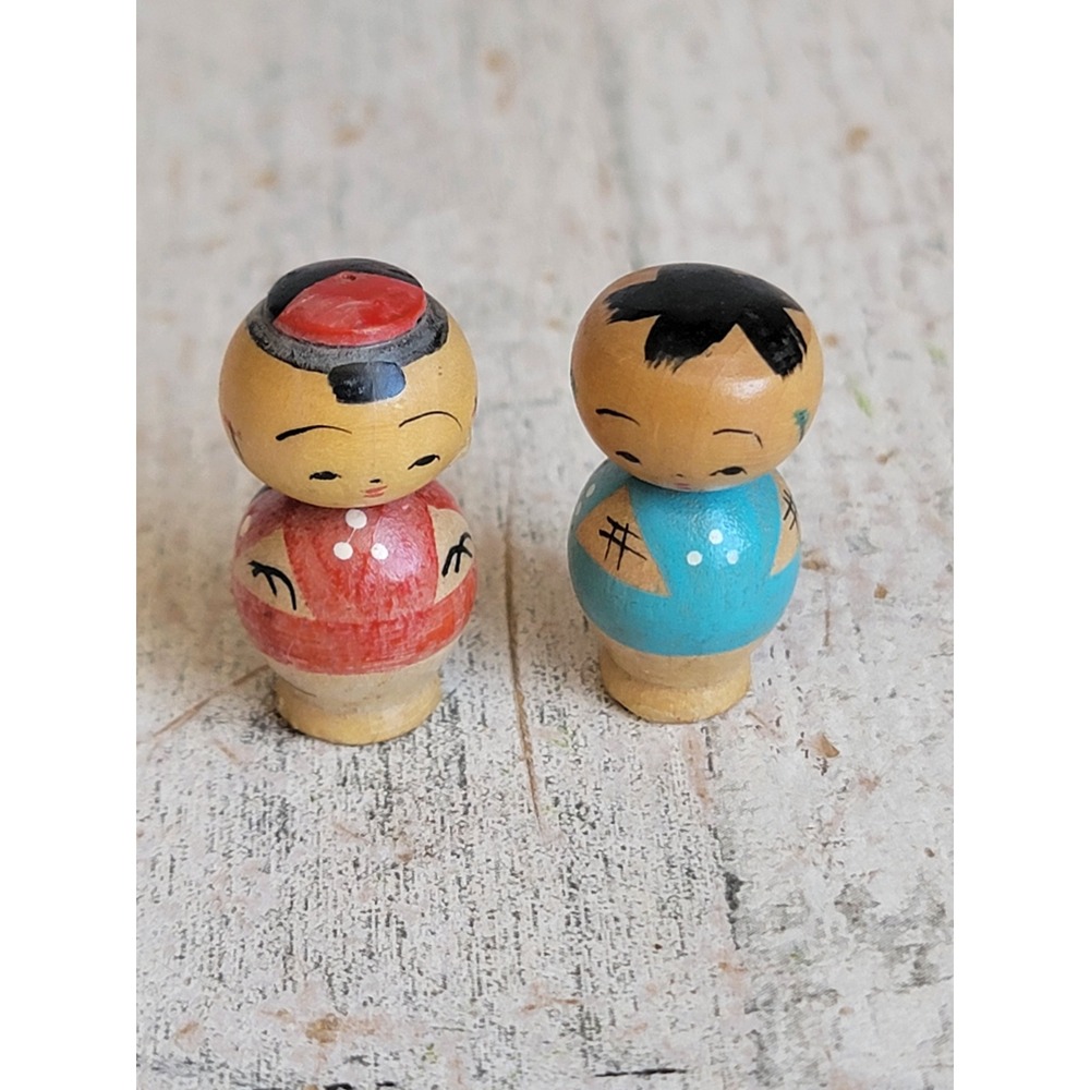 Vintage kokeshi asain doll house accessory boy girl wooden set